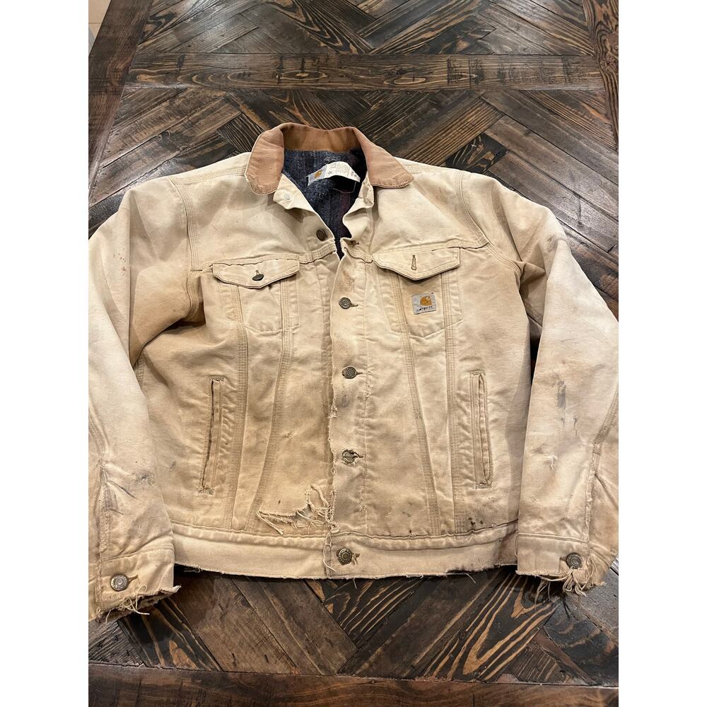 Carhartt Blanket Lined Trucker Jacket Men 46 Tall Work Wear Flaws Wear Stains